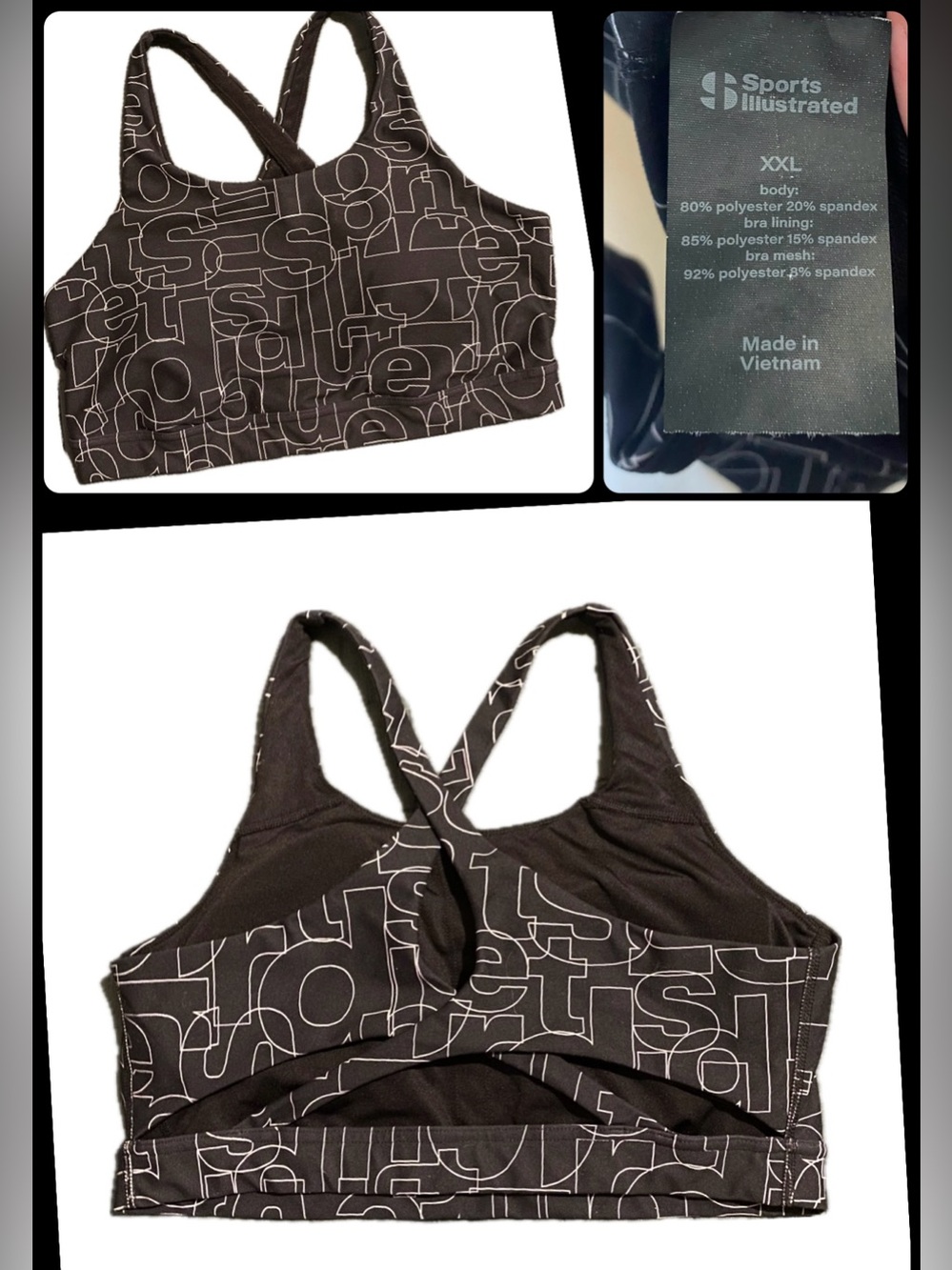 Sports Illustrated Black w/ White Logo Letters Athletic Sports Bra